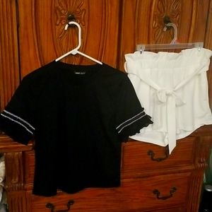 Adorable new ruffle sleeve black top with new white paperbag shorts.